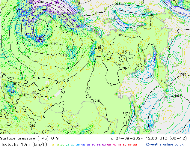 Izotacha (km/godz) GFS wto. 24.09.2024 12 UTC