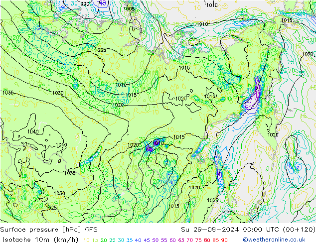 Izotacha (km/godz) GFS nie. 29.09.2024 00 UTC