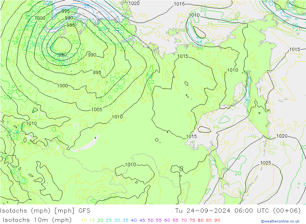 Isotachs (mph) GFS Tu 24.09.2024 06 UTC