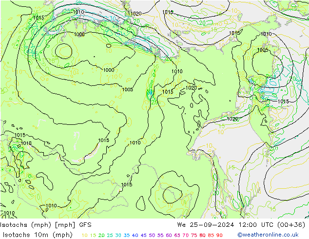 Eşrüzgar Hızları mph GFS Çar 25.09.2024 12 UTC