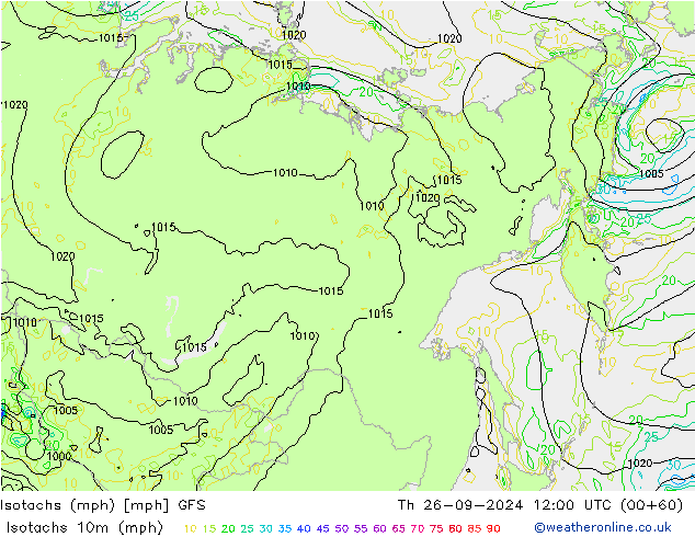 Isotachs (mph) GFS Th 26.09.2024 12 UTC