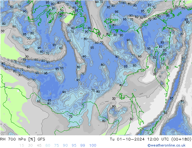 RH 700 hPa GFS Tu 01.10.2024 12 UTC