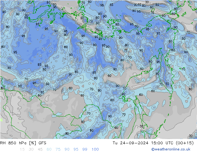 RH 850 hPa GFS wto. 24.09.2024 15 UTC