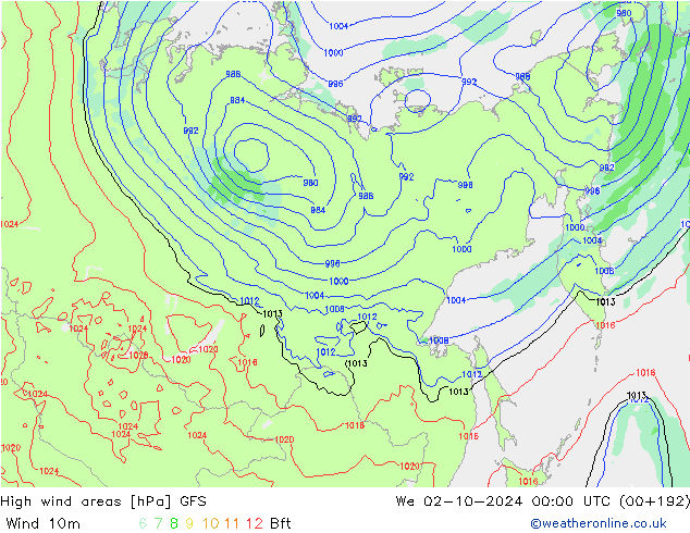 Izotacha GFS śro. 02.10.2024 00 UTC