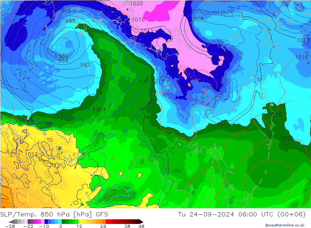 SLP/Temp. 850 hPa GFS mar 24.09.2024 06 UTC