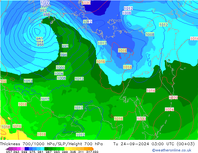 Thck 700-1000 гПа GFS вт 24.09.2024 03 UTC