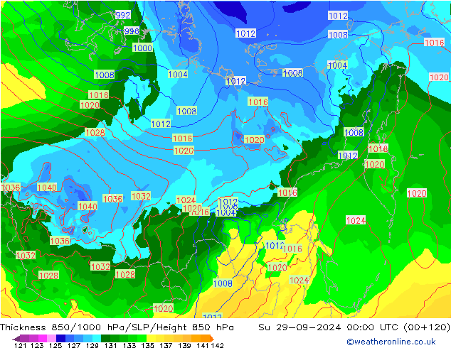 Dikte 850-1000 hPa GFS zo 29.09.2024 00 UTC