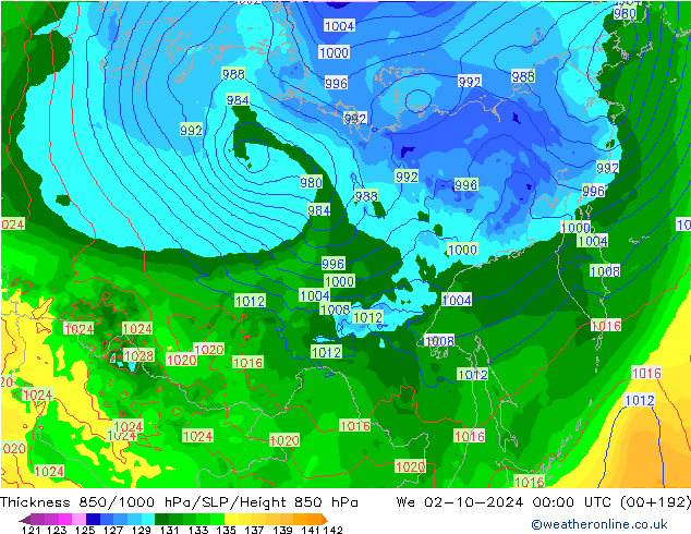 850-1000 hPa Kalınlığı GFS Çar 02.10.2024 00 UTC