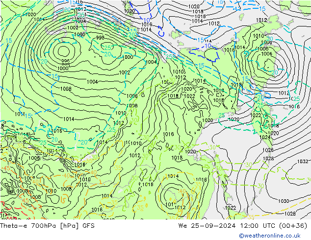 Theta-e 700hPa GFS Qua 25.09.2024 12 UTC