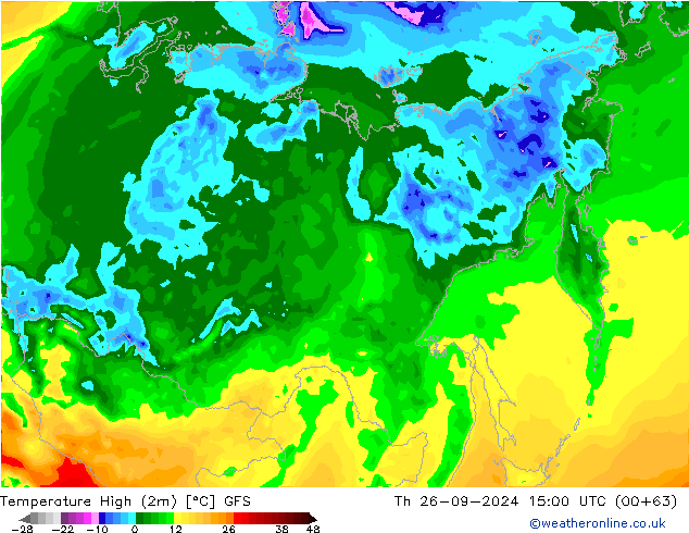 Max. Temperatura (2m) GFS czw. 26.09.2024 15 UTC