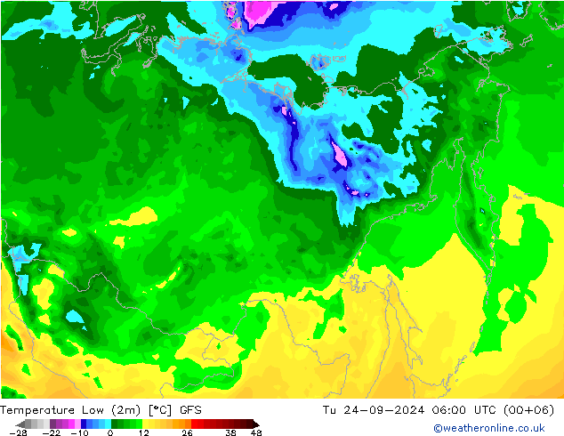 Temperatura mín. (2m) GFS mar 24.09.2024 06 UTC