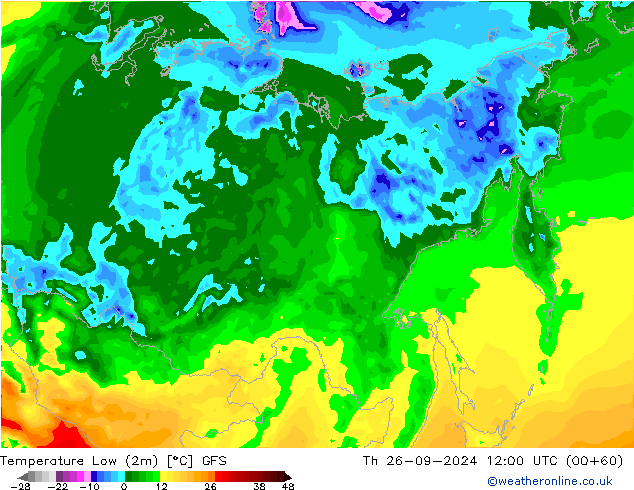 Temperature Low (2m) GFS Th 26.09.2024 12 UTC