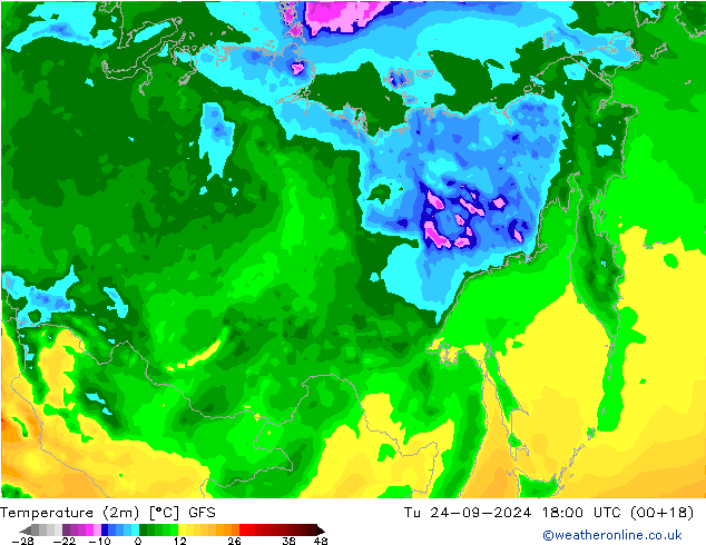 Temperature (2m) GFS Út 24.09.2024 18 UTC