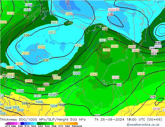 Espesor 500-1000 hPa GFS jue 26.09.2024 18 UTC