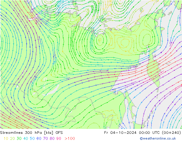 Ligne de courant 300 hPa GFS ven 04.10.2024 00 UTC