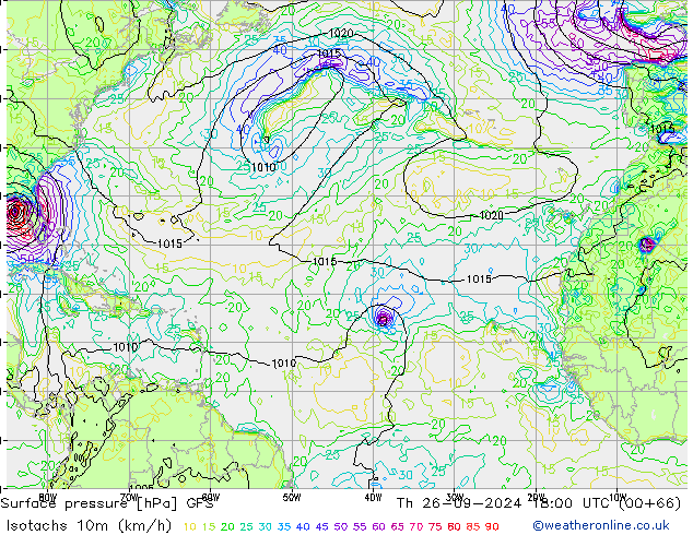 Isotachs (kph) GFS jeu 26.09.2024 18 UTC