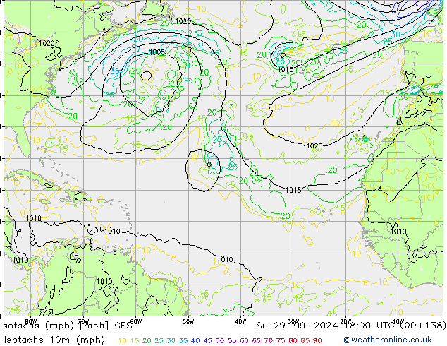 Isotachs (mph) GFS Dom 29.09.2024 18 UTC