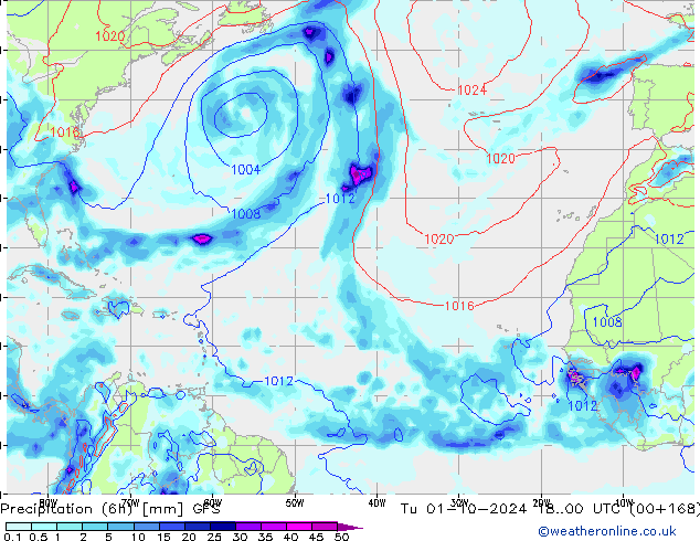 Totale neerslag (6h) GFS di 01.10.2024 00 UTC