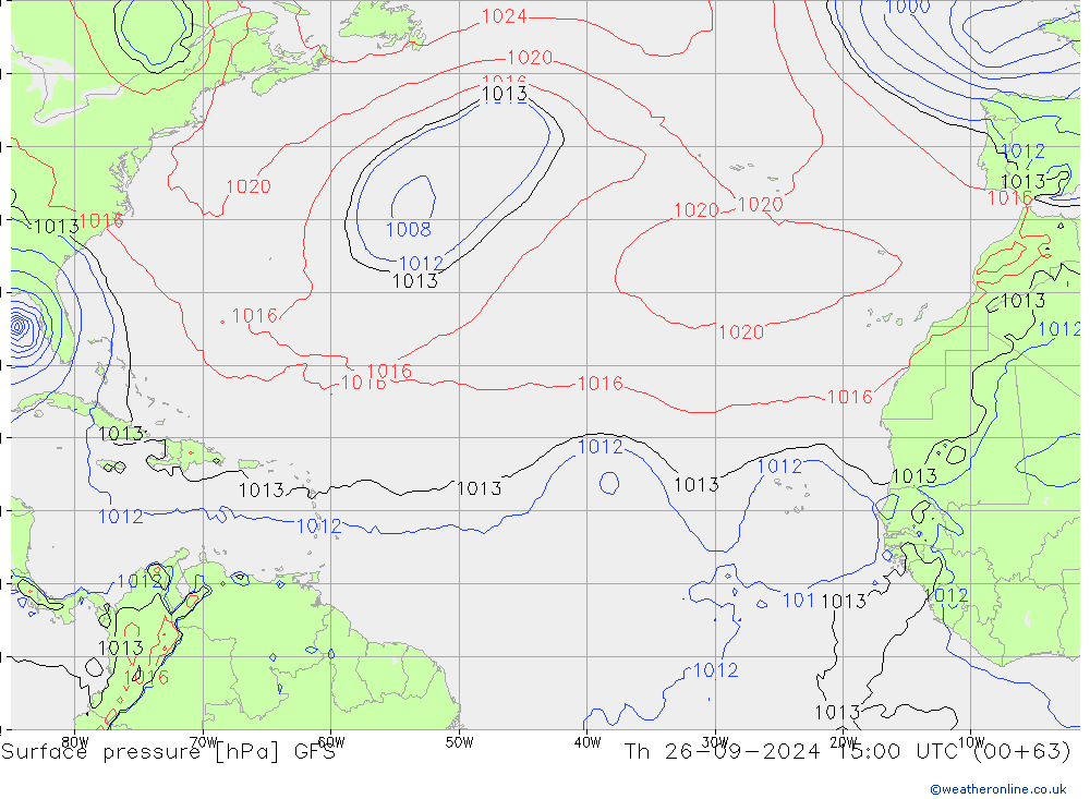 Atmosférický tlak GFS Čt 26.09.2024 15 UTC