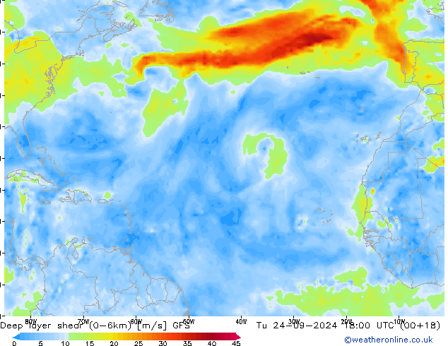 Deep layer shear (0-6km) GFS  24.09.2024 18 UTC