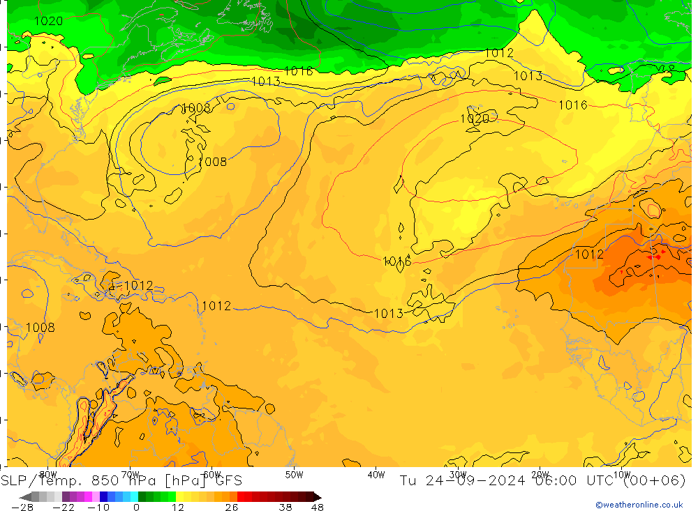 SLP/Temp. 850 hPa GFS Út 24.09.2024 06 UTC