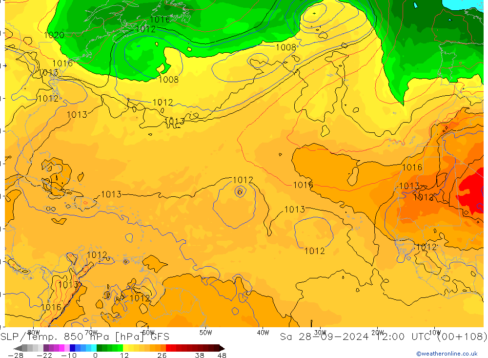 SLP/Temp. 850 hPa GFS Sa 28.09.2024 12 UTC