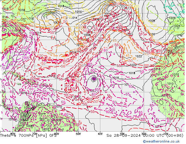 Theta-e 700hPa GFS sáb 28.09.2024 00 UTC