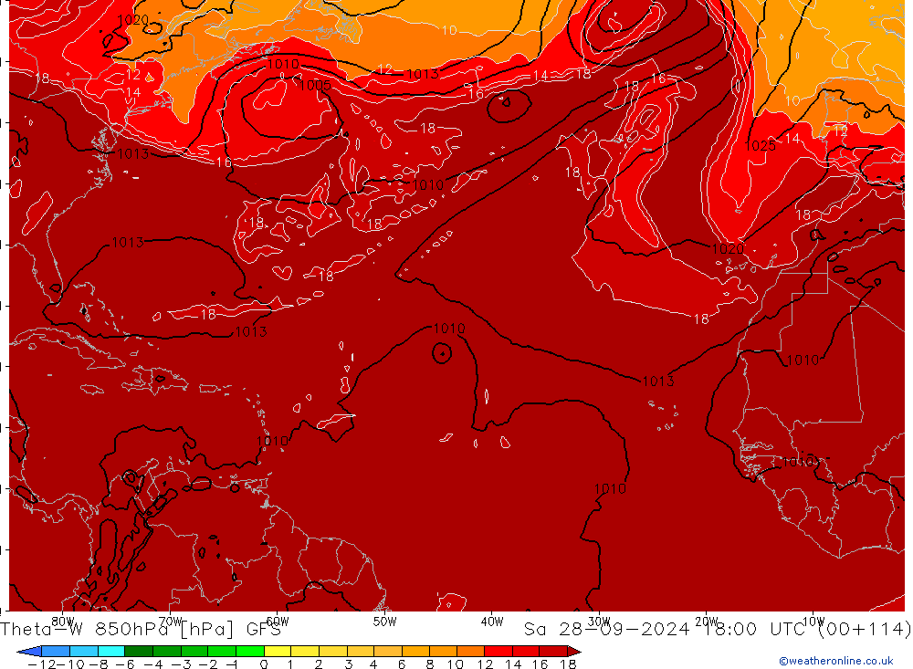 Theta-W 850hPa GFS Sa 28.09.2024 18 UTC