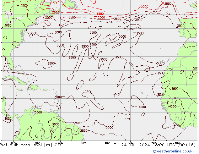 Wet bulb zero level GFS Tu 24.09.2024 18 UTC