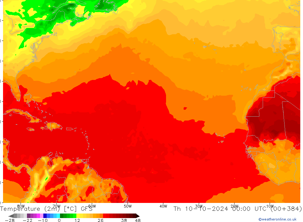 Temperatura (2m) GFS gio 10.10.2024 00 UTC