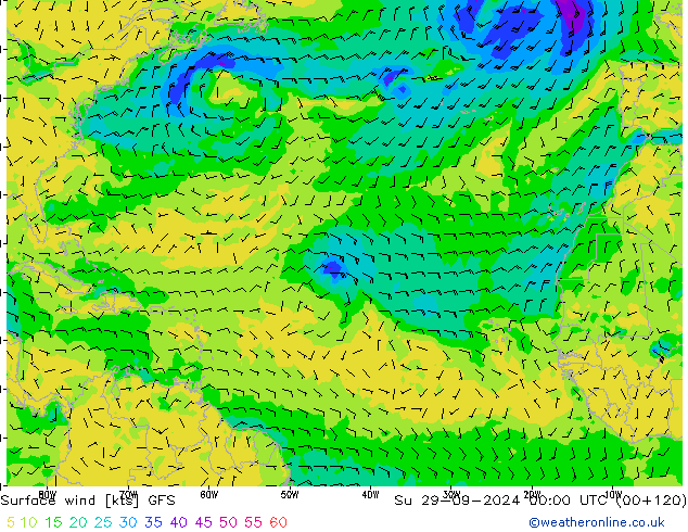 wiatr 10 m GFS nie. 29.09.2024 00 UTC