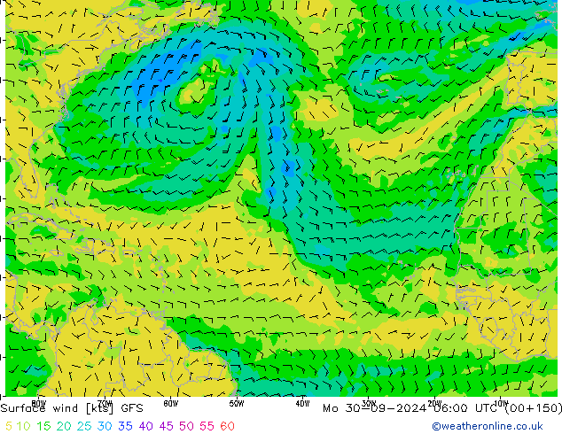 wiatr 10 m GFS pon. 30.09.2024 06 UTC