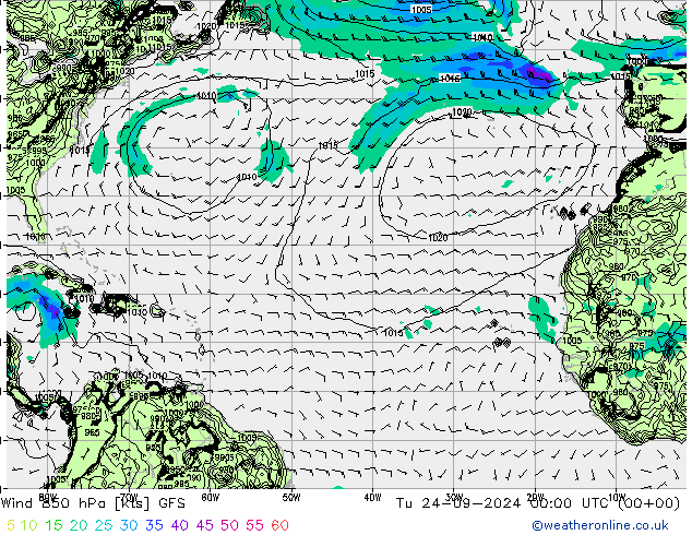 wiatr 850 hPa GFS wto. 24.09.2024 00 UTC