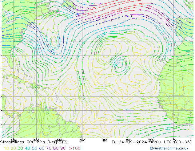 Streamlines 300 hPa GFS Tu 24.09.2024 06 UTC