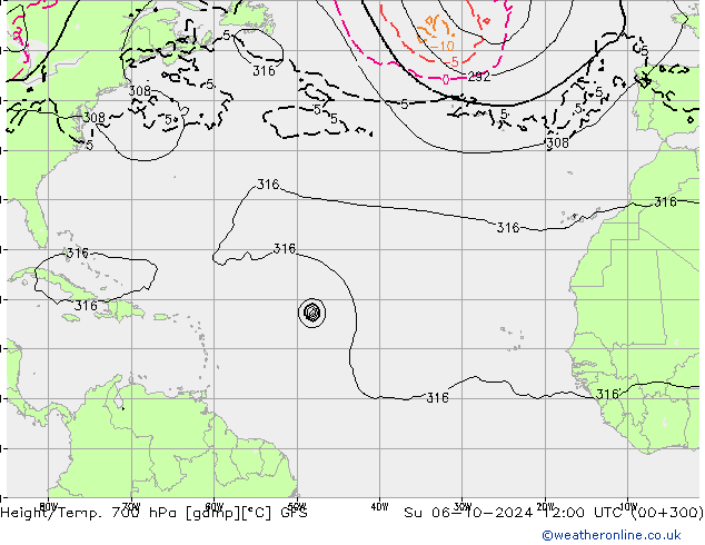 Height/Temp. 700 hPa GFS So 06.10.2024 12 UTC