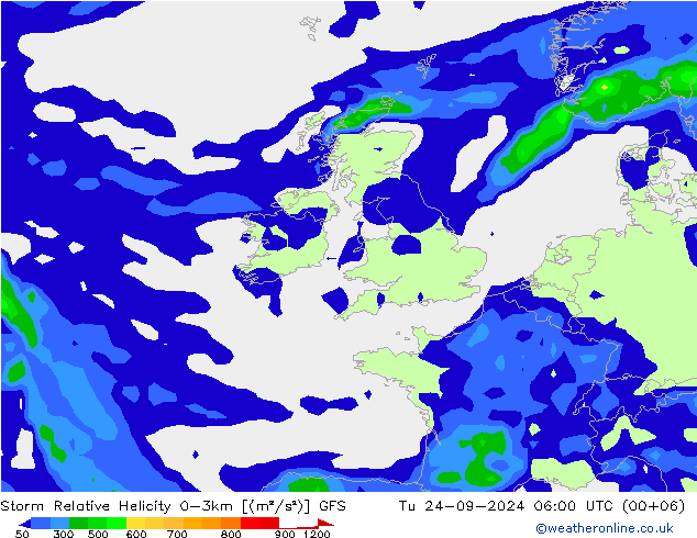 Storm Relative Helicity GFS Tu 24.09.2024 06 UTC