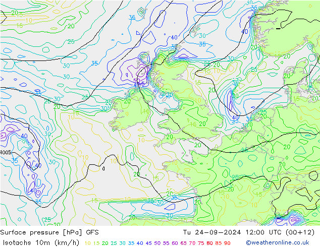 Isotachs (kph) GFS Tu 24.09.2024 12 UTC