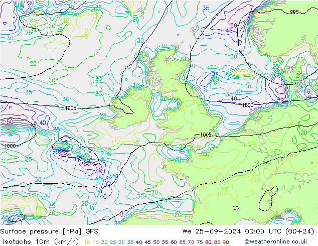 Isotachs (kph) GFS ср 25.09.2024 00 UTC