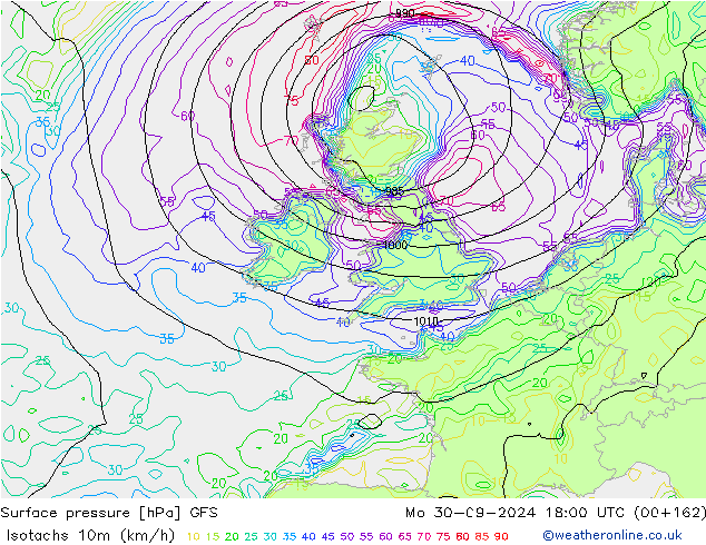 Isotachs (kph) GFS Mo 30.09.2024 18 UTC