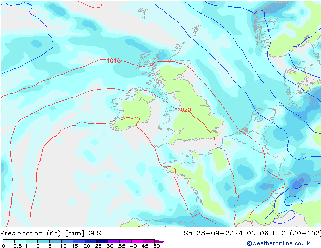 Precipitazione (6h) GFS sab 28.09.2024 06 UTC