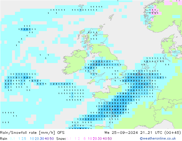 Rain/Snowfall rate GFS śro. 25.09.2024 21 UTC