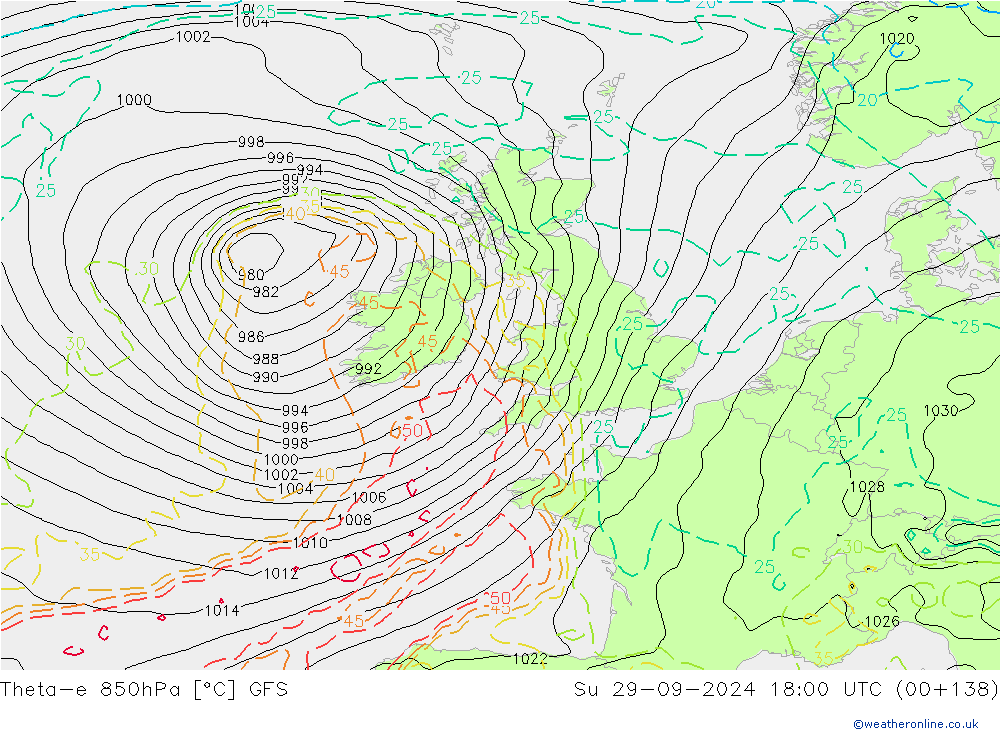 Theta-e 850hPa GFS Su 29.09.2024 18 UTC