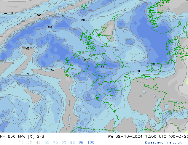 RH 850 hPa GFS We 09.10.2024 12 UTC