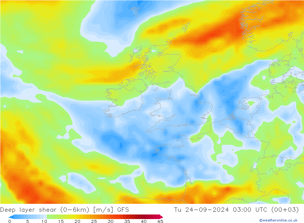 Deep layer shear (0-6km) GFS Sa 24.09.2024 03 UTC