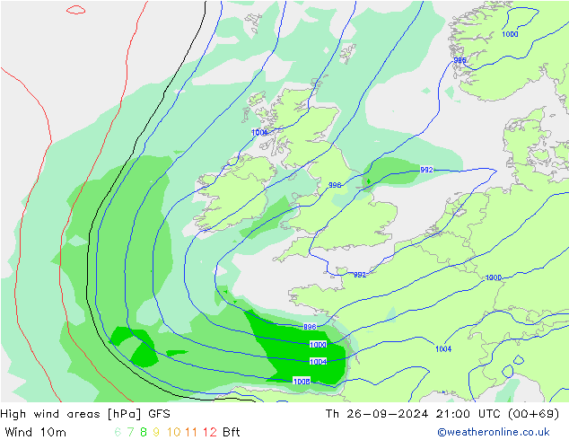 High wind areas GFS Čt 26.09.2024 21 UTC