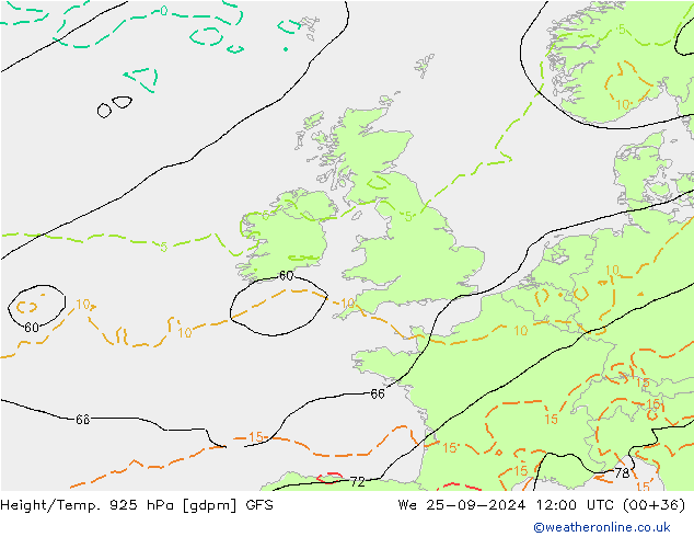 Height/Temp. 925 hPa GFS We 25.09.2024 12 UTC