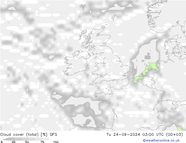 Cloud cover (total) GFS Tu 24.09.2024 03 UTC