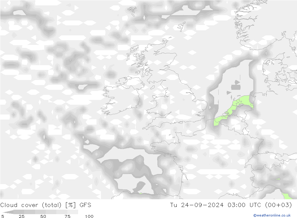 Cloud cover (total) GFS Tu 24.09.2024 03 UTC