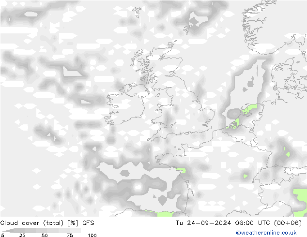 Cloud cover (total) GFS Tu 24.09.2024 06 UTC