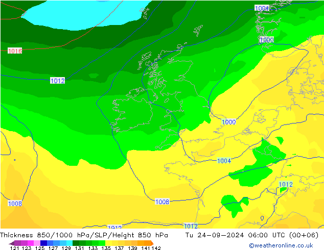 Espesor 850-1000 hPa GFS mar 24.09.2024 06 UTC